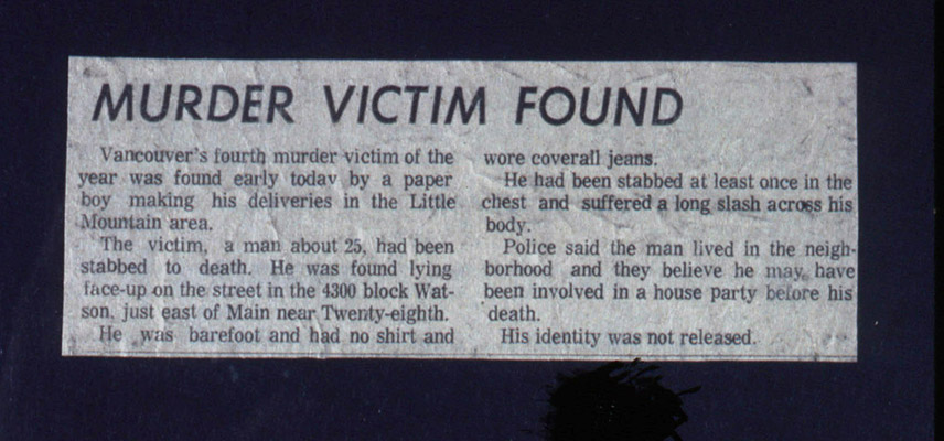 Vancouver Sun news clipping from Murder Research files, 1976, Courtesy of Paul Wong