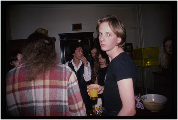 Clockwise from left: Jeanette Reinhadt, Don Pierenboom, Paul Wong, unidentified, Annastacia McDonald, Kenneth Fletcher, Carol Hackett, Murder Research exhibition opening at Western Front, 1977, Courtesy of Paul Wong