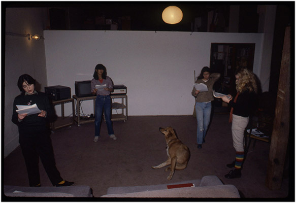 Jeanette Reinhardt, Deborah Fong, Annastacia McDonald, Carol Hackett and Rex the dog, rehearding the script for '4', Video Inn, 1979, Courtesy of Paul Wong