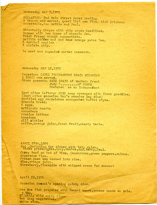 Mainsteeter menu, various meetings, 1976, Courtesy of Paul Wong