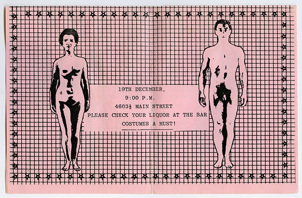 Invitation to the fifth annual Drag Ball (verso), held at the NDP Hall, 4603 ½ Main Street, December 19, 1980, Courtesy of Jeanette Reinhardt
