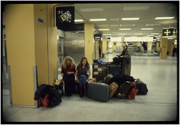 Carol Hackett, Annastacia McDonald and Jeanette Reinhardt at unidentified airport, tour de '4', 1980, Courtesy of Paul Wong